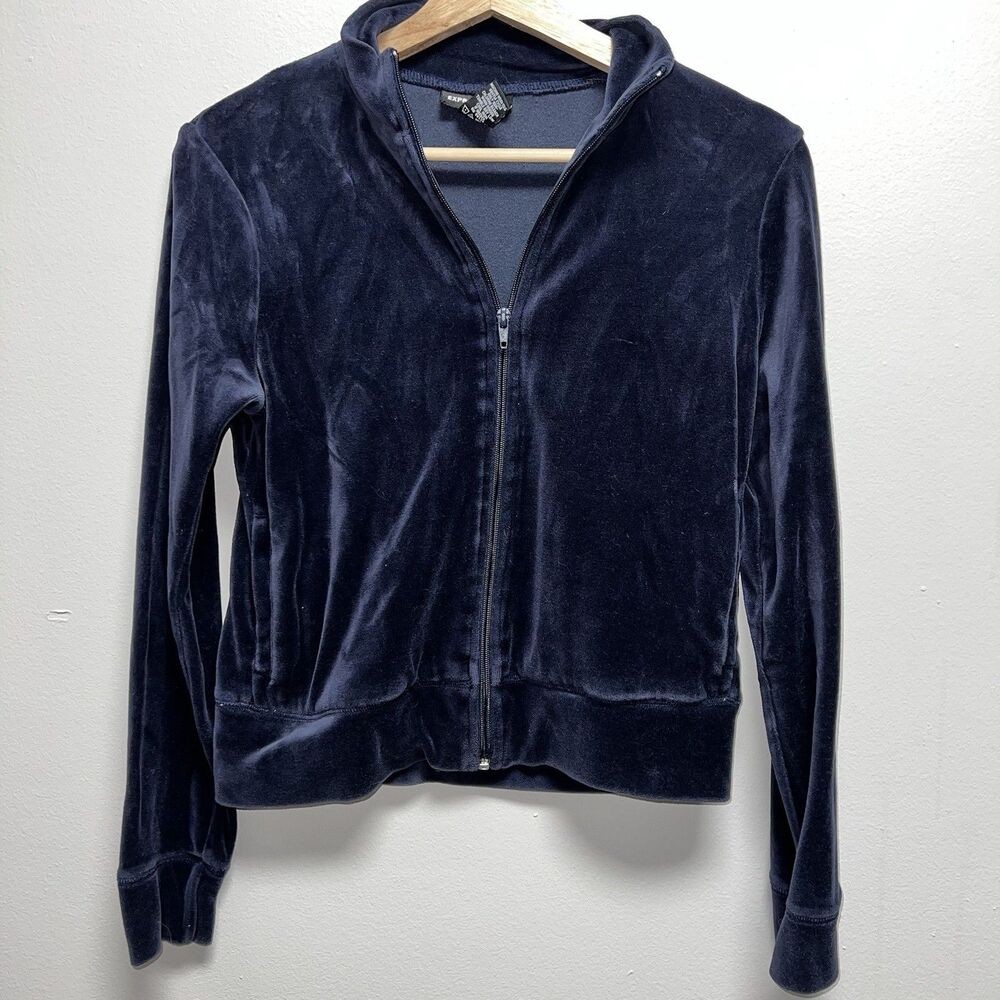 vintage express navy blue velour zip up track jacket women’s size small
